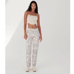 NWOT Zara beige cream & purple swirl graffiti printed straight high waist jeans
